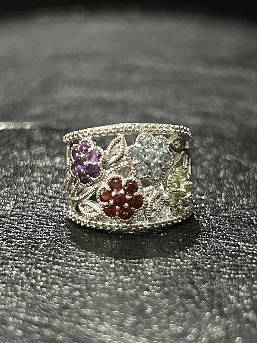 Sterling Silver Floral Multi-Stone Filigree Ring Stamped .925 TJ